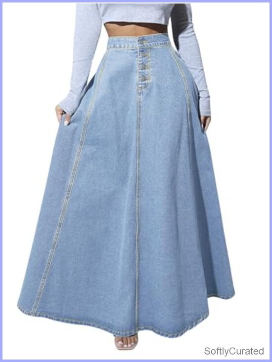 Dresses & Skirts - Retro High Waisted Flared Denim Maxi Skirt Pleated A-Line Swing